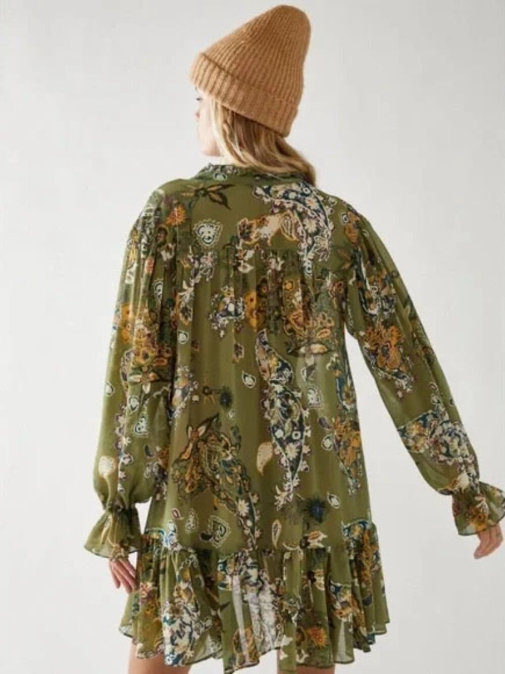 Free People Ibiza Nights Mini Dress Size S Natural Sage Green Button Front $148 - Picture 2 of 16